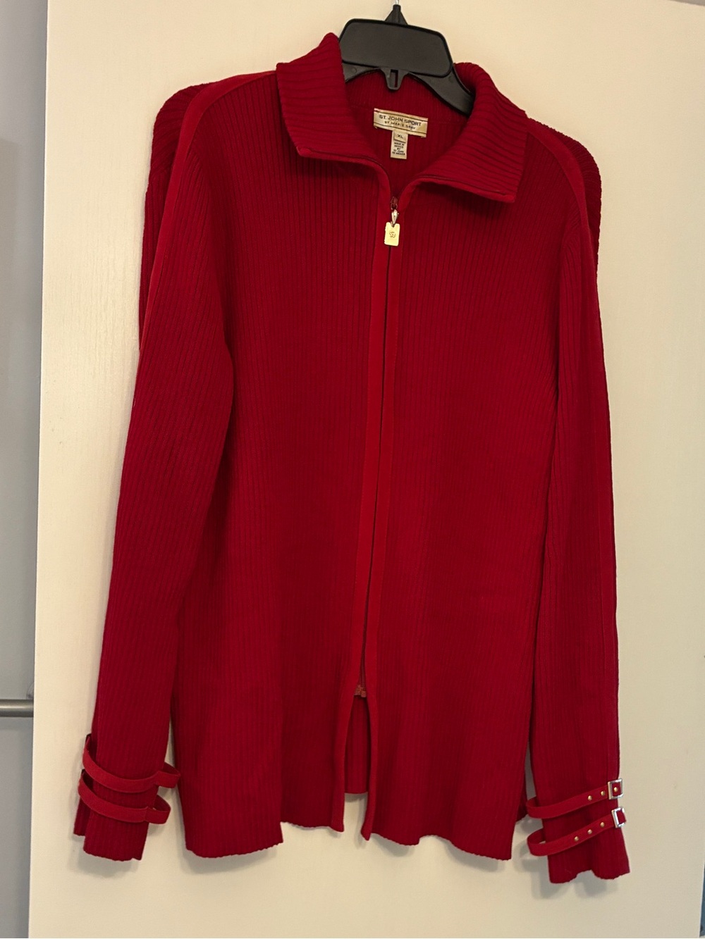 St. John Sport by Marie Gray Red Zip-Front Wool Blend Jacket with Buckle Cuffs